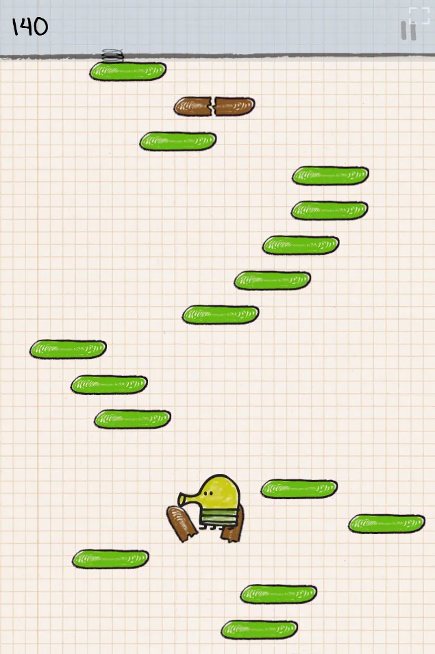 Doodle Jump gameplay at 140 points: the Doodler between green platforms, with a spring above and a cracked brown platform to the right